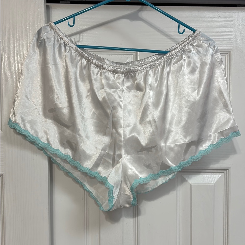 White Satin Pajama Shorts with Aqua Trim